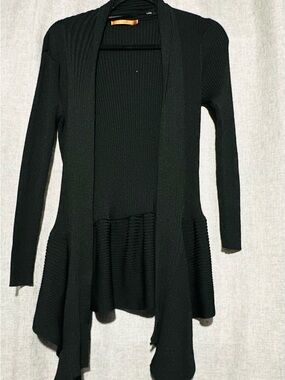 Belldini Black Ribbed Open-Front Cardigan with Flared Hem